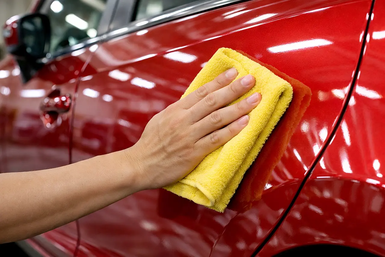ボディコーティングにより輝く赤い車のボディ表面