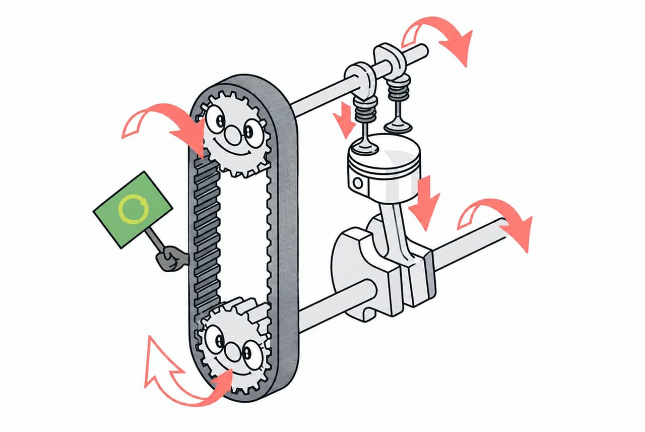 正常に作動するエンジンのタイミングベルト解説図