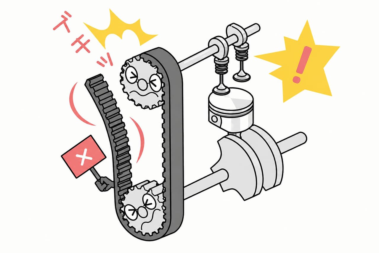 エンジンのタイミングベルトが切れ故障するイラスト