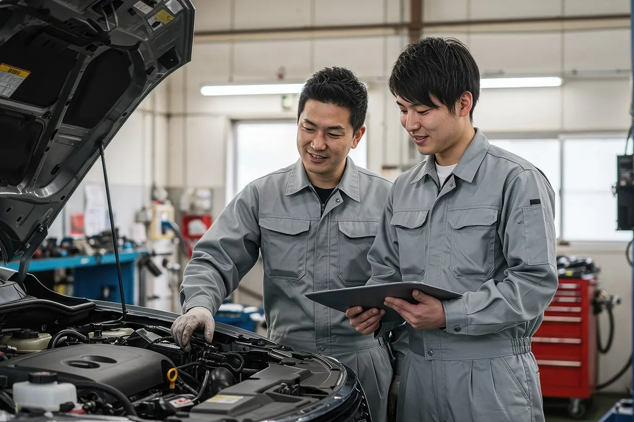 タブレットを見ながら笑顔で車の点検を行う2人の整備士